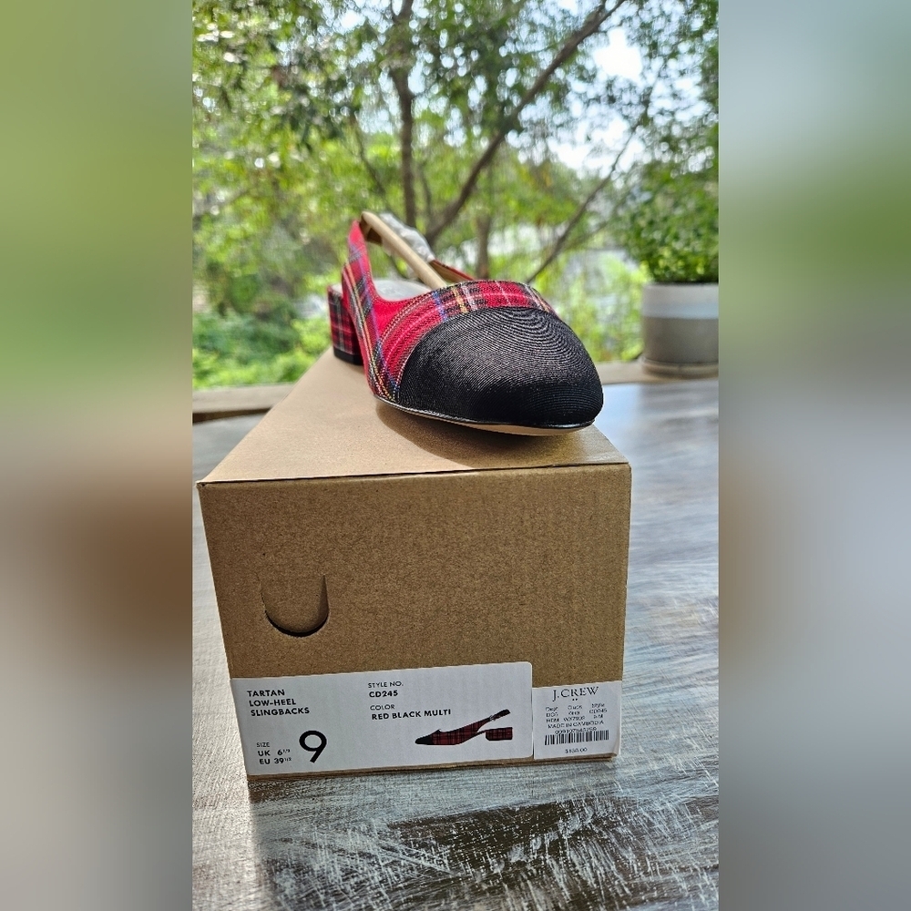 J. Crew Elegant Tartan Slingback Heels in Red and Black - Picture 6 of 7